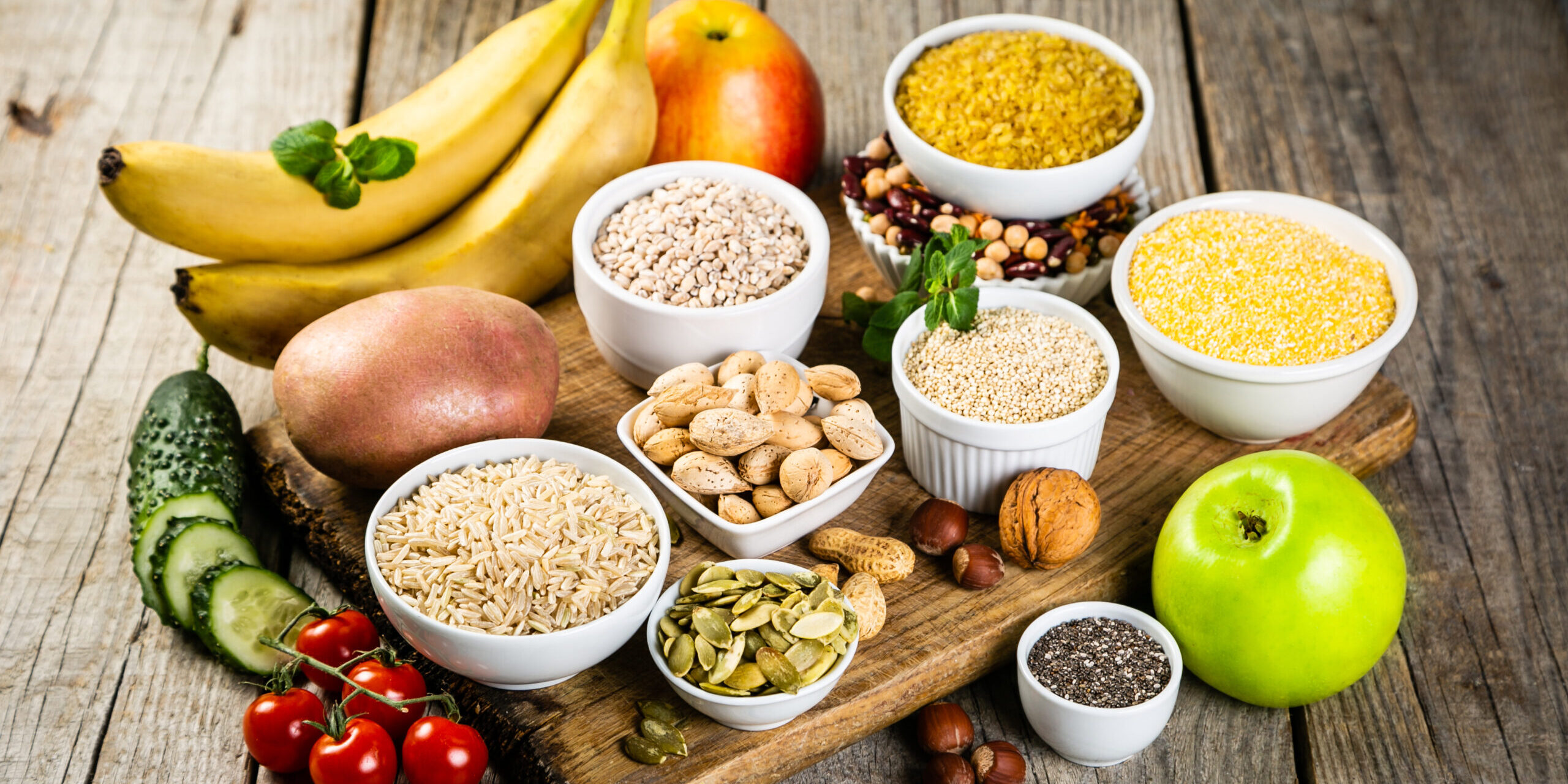 Selection of good carbohydrates sources. Healthy vegan diet