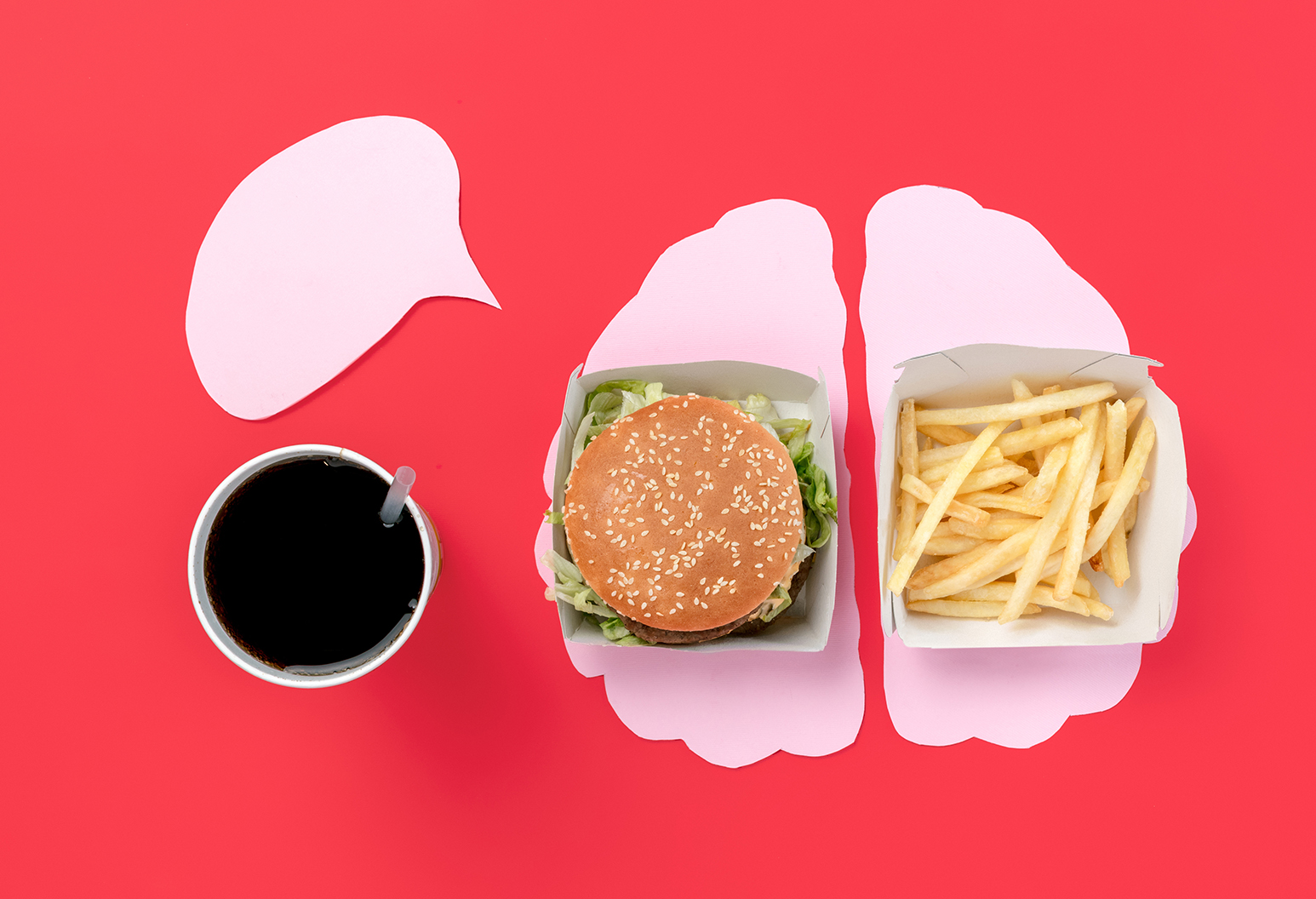 I love fast food. French fries in the form of brain isolated on red background