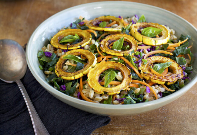 Sesame Farro Salad with Delicata Squash served with dressing, toasted nuts, chives and white wine.