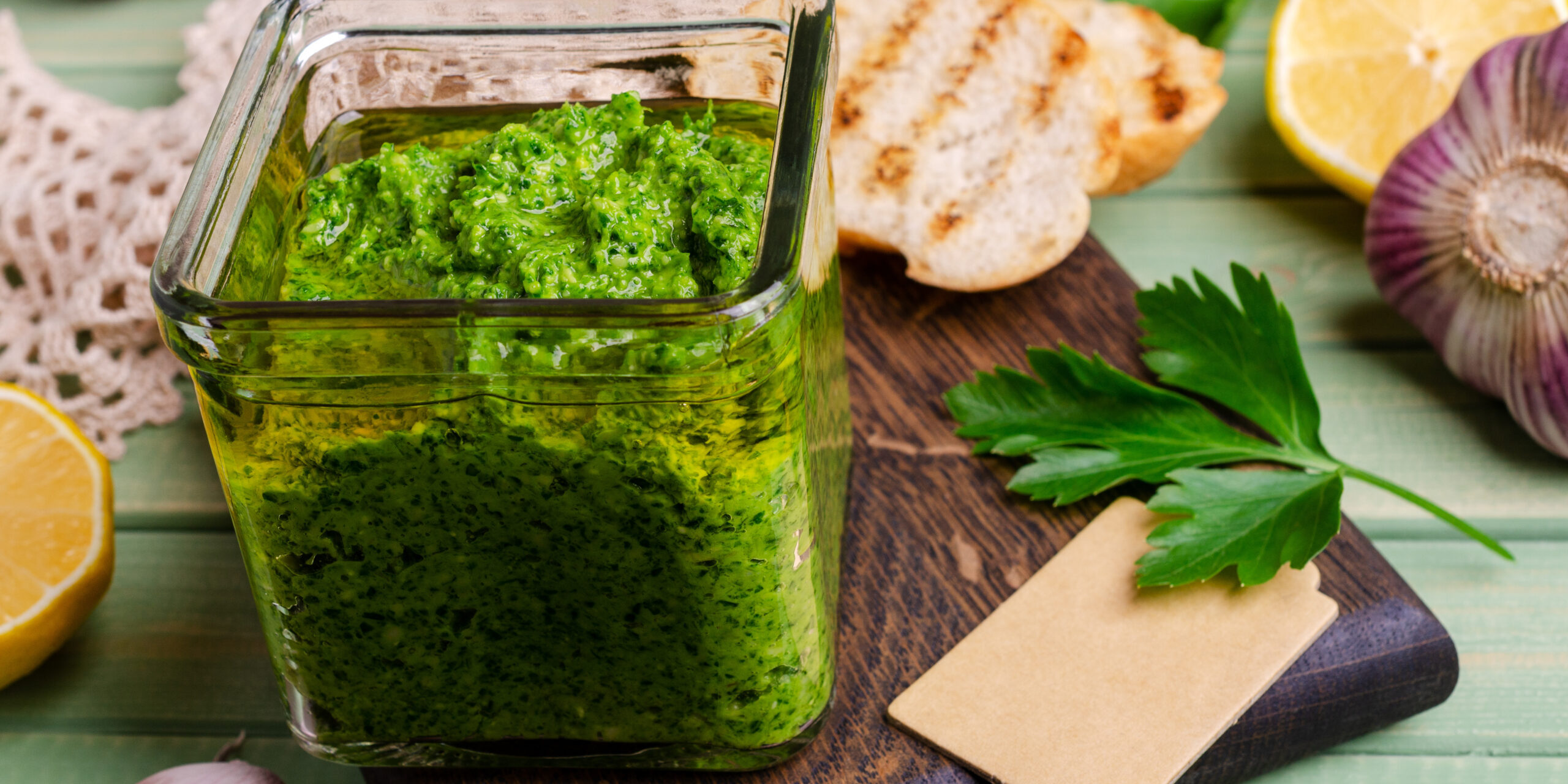 Green sauce in a glass jar